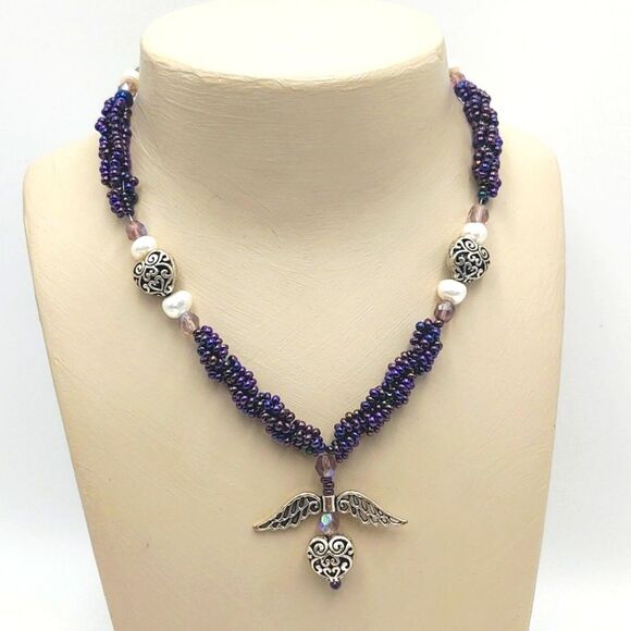 Hand Crafted AB Purple Glass Bead & Pearl Winged Heart Necklace - Picture 1 of 8